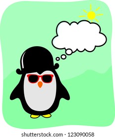 Funny cartoon penguin with bubble speech, vector illustration