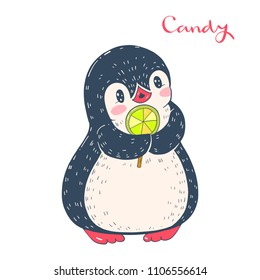 Funny cartoon penguin with candy. Hand-drawn illustration. Vector.
