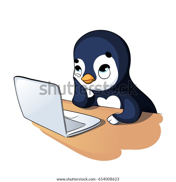 Funny Cartoon Penguin Character Working On Stock Vector (Royalty Free ...