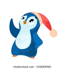 Funny cartoon penguin. Christmas Penguin. Vector illustration in children's style, for children's books, postcard, posters, stickers or room decor