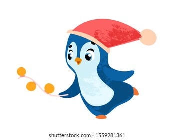 Funny cartoon penguin. Christmas Penguin. Vector illustration in children's style, for children's books, postcard, posters, stickers or room decor