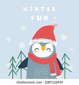 Funny cartoon penguin. Cute kids print. Vector hand drawn illustration.