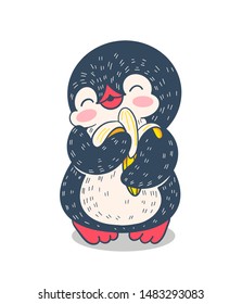 Funny cartoon penguin with delicious banana. Vector illustration.