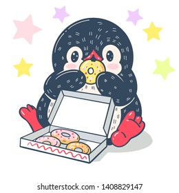 Funny cartoon penguin with delicious donuts. Vector illustration.