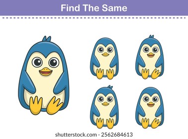 Funny cartoon penguin. Find same pictures. Educational game for children. Cartoon vector illustration