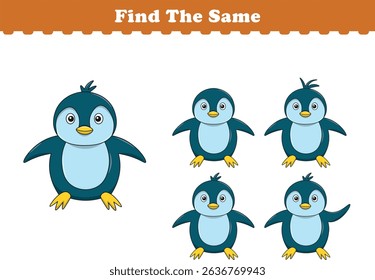 Engraçado pinguim de desenho animado. Encontre as mesmas fotos. Jogo educacional para crianças. Ilustração de vetor de desenhos animados