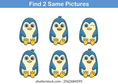 Funny cartoon penguin. Find two same pictures. Educational game for children. Cartoon vector illustration