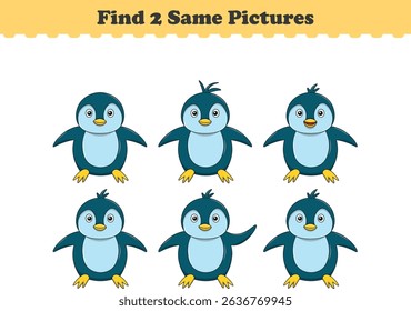 Engraçado pinguim de desenho animado. Encontre duas imagens iguais. Jogo educacional para crianças. Ilustração de vetor de desenhos animados