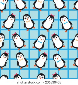 funny cartoon penguin on the background of the cell. seamless pattern