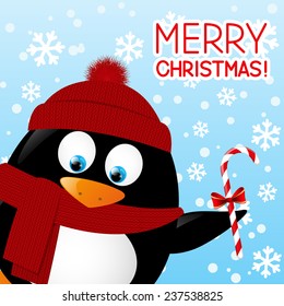 Funny cartoon penguin on winter background