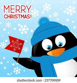 Funny cartoon penguin on winter background