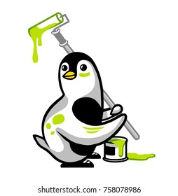 Funny cartoon penguin painter mascot. Vector illustration on isolated background.