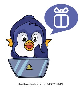 Funny cartoon penguin shopping online gifts. Internet online ordering goods. Promotion of discount and sale. Vector illustration isolated on white background. 