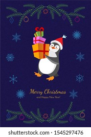 Funny cartoon penguin with a stack of big colorful gift boxes in  flat style.Colorful vector New Year and Christmas card with lettering on textured background with pine branches,toys and snowflake.
