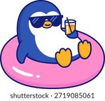 Funny cartoon penguin in sunglasses on pool float holding drink glass. Cute penguin character on summer pool party. Vector clip art illustration.