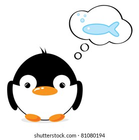 Funny cartoon penguin thinking of fish, vector illustration