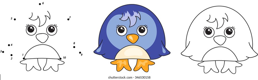 Funny cartoon penguin. Vector illustration for kids. Dot to dot game and coloring book