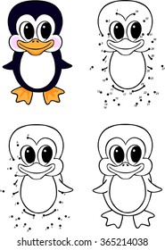 Funny cartoon penguin. Vector illustration. Coloring and dot to dot educational game for kids