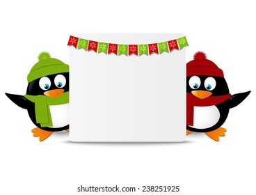 Funny cartoon penguins with greeting card