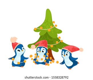 Funny cartoon penguins. Merry Christmas greetings. Vector illustration in children's style, for children's books, postcard, posters, stickers or room decor