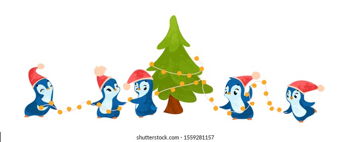 Funny cartoon penguins. Merry Christmas greetings. Vector illustration in children's style, for children's books, postcard, posters, stickers or room decor