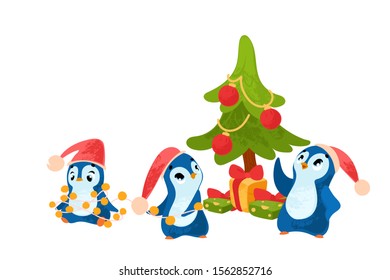 Funny cartoon penguins. Merry Christmas greetings. Vector illustration in children's style, for children's books, postcard, posters, stickers or room decor
