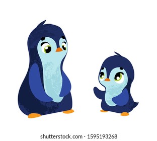 Funny cartoon penguins. Mom and baby. Vector illustration for children's books, t-shirt prints, posters, stickers or decor