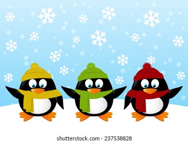 Funny cartoon penguins on winter background