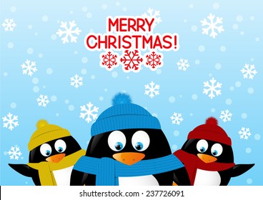 Funny cartoon penguins on winter background