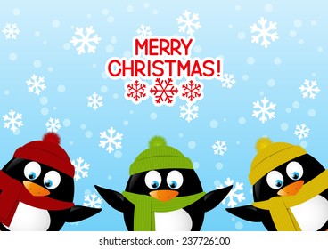 Funny cartoon penguins on winter background