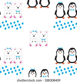 funny cartoon penguins and polar bears.  seamless pattern