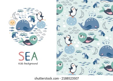 Funny cartoon  penguins, whales, seals and fish. Winter blue background. Vector illustration. Children's print. Template for children's cards. Kids background.