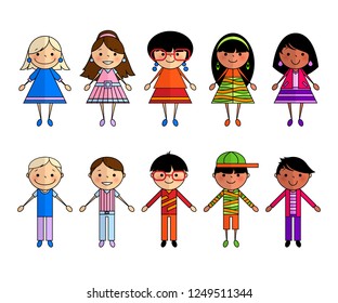 Funny cartoon people, boys and girls of different nationalities and ethnic groups in bright, colorful clothes on a white background. Brothers and sisters, twins. Drawn cardboard men and women. Vector.