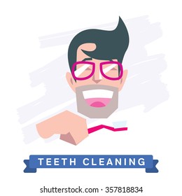 Funny cartoon people cleaning teeth vector concept