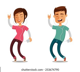 funny cartoon people dancing and listening to music from their mobile phone. Cute illustration of a young woman and man in jeans, dancing. Isolated on white.