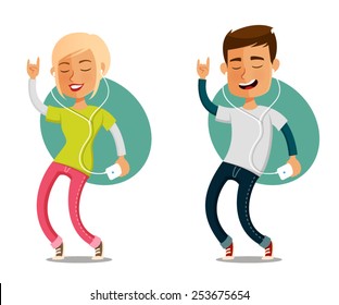 funny cartoon people dancing and listening to music from their mobile phone. Cute illustration of a young woman and man in jeans, dancing. Vector eps file.