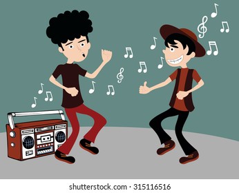 Funny Cartoon People Listening To Music From Their Radio