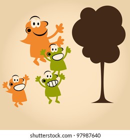 funny cartoon people and tree