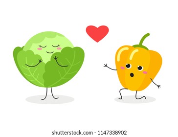 Funny cartoon pepper in love kneeling in front of cute cabbage and confessing his feelings. Vector flat illustration isolated on white background 