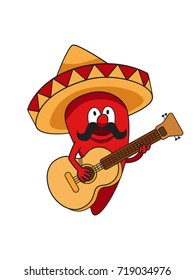Funny cartoon pepper in a sombrero. Cheerful pepper mustache plays the guitar.