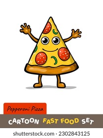 Funny cartoon pepperoni pizza isolated on white background. Cartoon pizza character. Vector Illustration