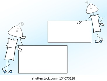Funny cartoon person in various poses with white banner