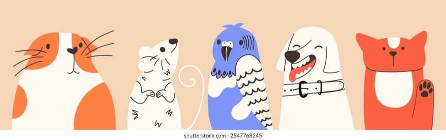 Divertido conjunto de mascotas de dibujos animados. Ilustración vectorial dibujada a mano con animales domésticos. 