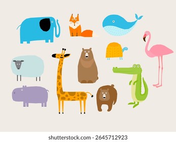 Funny Cartoon Pet Set. Imperfect Childish Paper Cut Out Animal Character. Cartoon Happy Zoo Symbol. Positive Baby Shower Birthday Greeting Card Design Element. Cute Mascot Collection Colorful Art