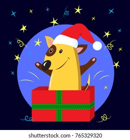 Funny cartoon pet. Xmas flat dog. Bull terrier wearing red Santa Claus hat. Christmas or new year 2018 vector illustration.