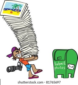 Funny cartoon photographer carries a huge stack of photos to green mailbox