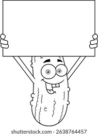 Funny Cartoon Pickle Character Holding Blank Sign and Smiling – Vector Hand Drawn Illustration Isolated On Transparent Background