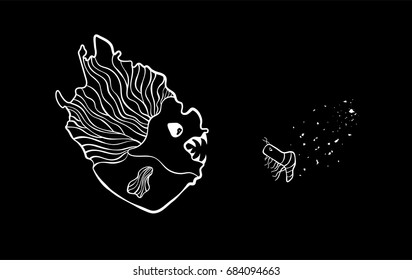 Funny cartoon picture of deep-sea fish monster preys on sad shrimp. The creation of underwater hunting.