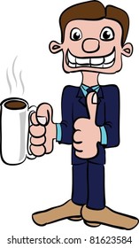Funny cartoon picture of a smiling man in a suit with a cup of coffee in his right hand, left hand showing a thumb up