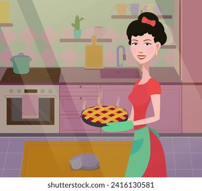A funny cartoon picture of a woman in a homely environment in the kitchen with a pie in her hands. Postcard, banner, illustration for kitchen book
